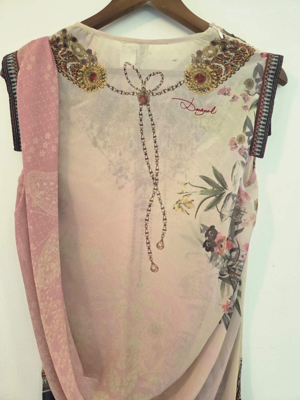 Desigual dress L pink/black midi hi/low metallic florals gems sleeveless boho - Picture 12 of 16